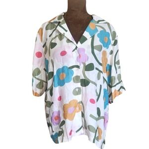 Caroline Gardner Lounge Top Floral Viscose Button Down Lightweight L Colorful